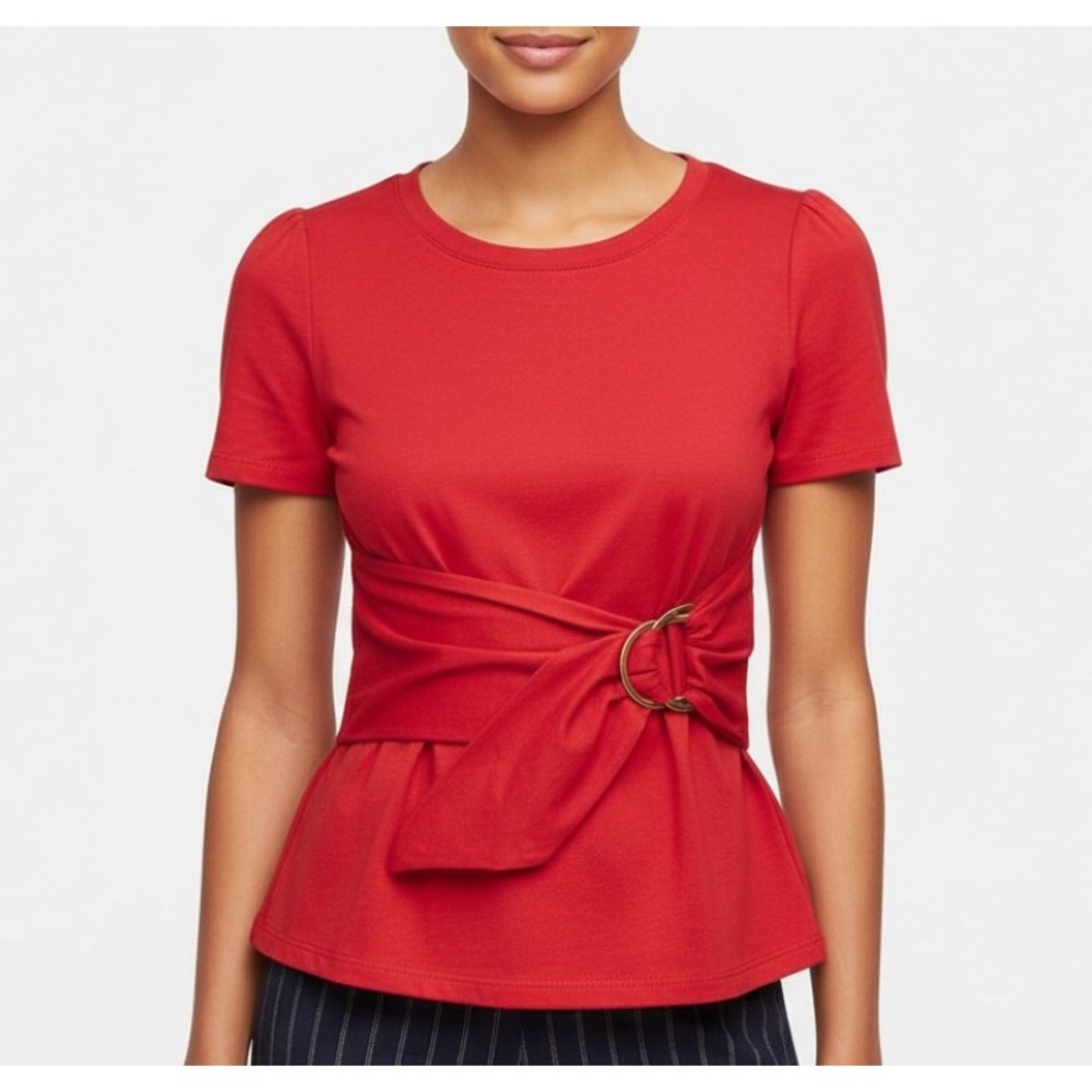 MAEVE By Anthropologie RED Cinch Waist D-RING Knit DAKOTA WRAP BLOUSE/TOP Sz S